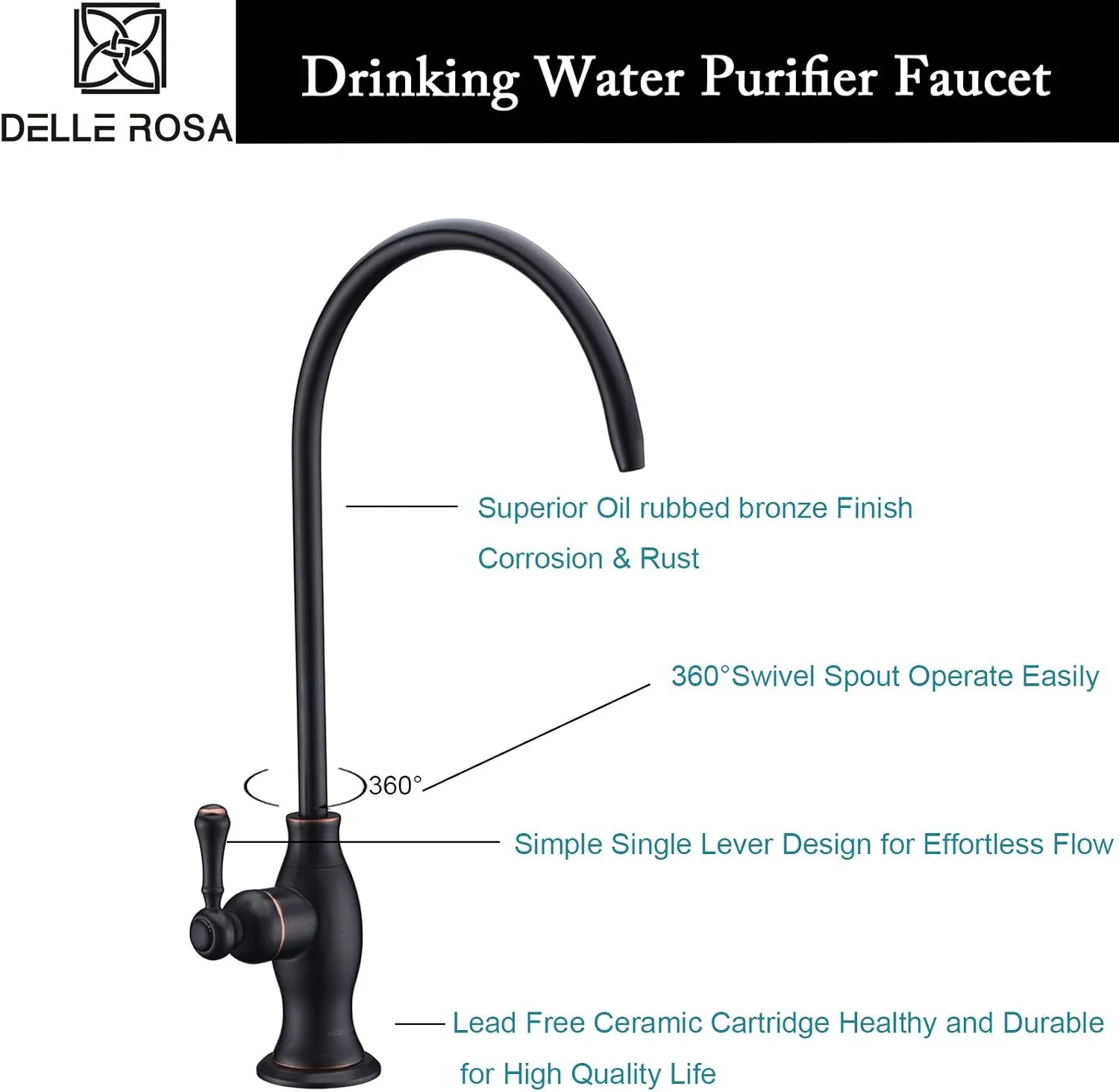 Delle Rosa Drinking Water Faucet, Solid Brass Kitchen Water Filter Faucet, Commercial Water Filtration Faucet for Under Sink Water Filter System Oil Rubbed Bronze