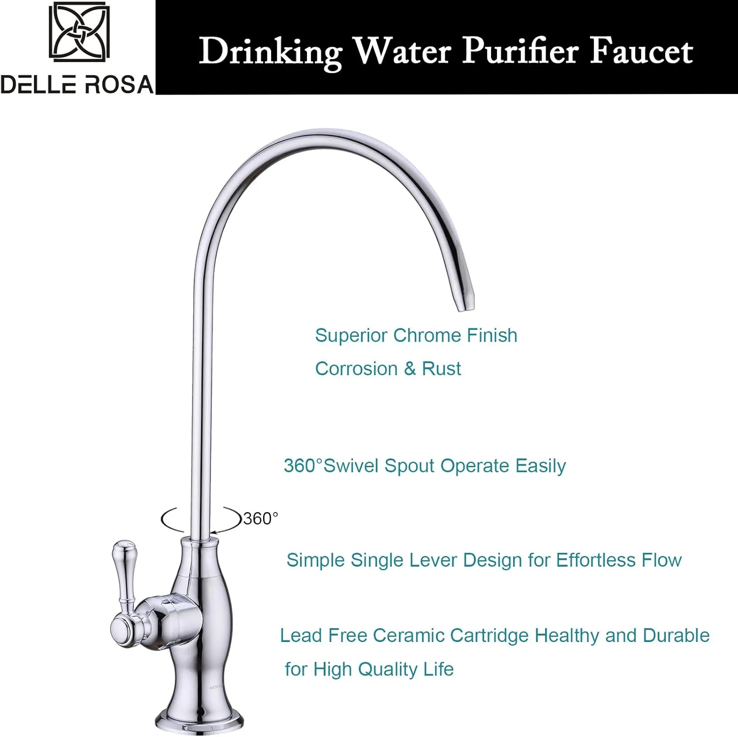 Delle Rosa Drinking Water Purifier Faucet, Commercial Water Filtration Faucet for Under Sink Water Filter System, Modern Best Brass Kitchen Bar Sink Drinking Water Faucet Chrome