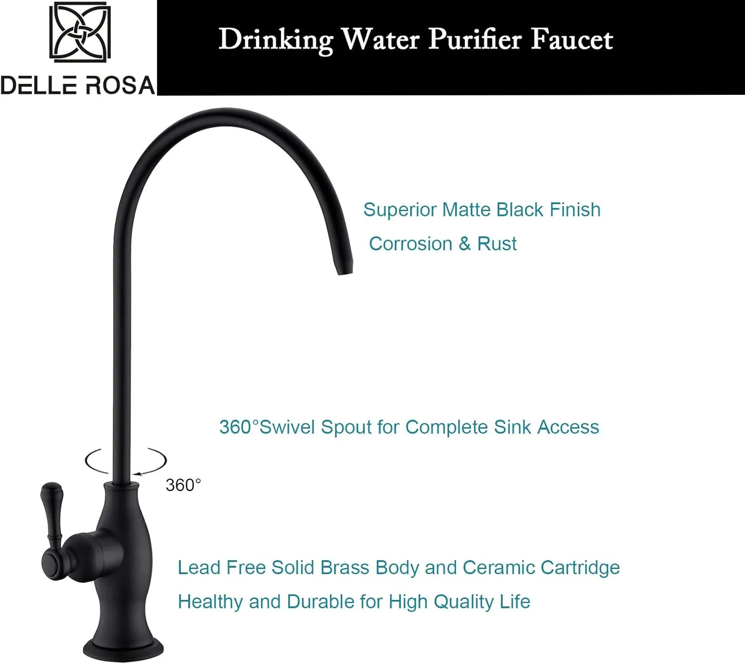 Delle Rosa Drinking Water Purifier Faucet, Commercial Water Filtration Faucet for Under Sink Water Filter System, Modern Best Brass Matte Black Kitchen Bar Sink Drinking Water Faucet