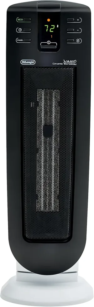 DeLonghi Ceramic Tower Space Heater, portable quiet 1500 Electric Space Heater for indoor use, timer, remote, ECO energy efficient, safety features, 24 inches tall, TCH7915ER
