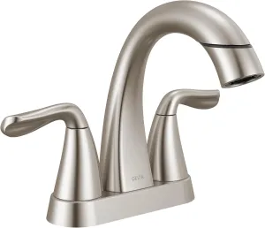 Delta Arvo Pull-Down Centerset Bathroom Faucet, Brushed Nickel High Arc 3-Hole Bathroom Sink Faucet with Sprayer, Push-Pop Drain Assembly, SpotShield Nickel 25840LF-SPPD