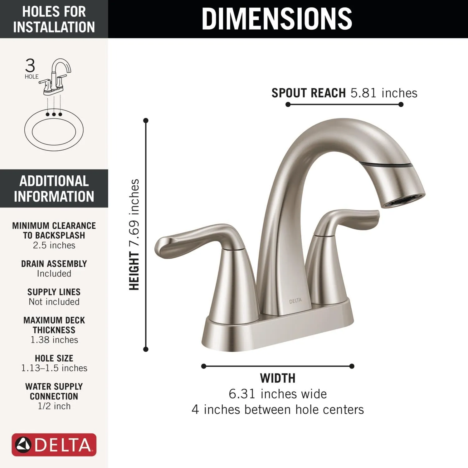 Delta Arvo Pull-Down Centerset Bathroom Faucet, Brushed Nickel High Arc 3-Hole Bathroom Sink Faucet with Sprayer, Push-Pop Drain Assembly, SpotShield Nickel 25840LF-SPPD