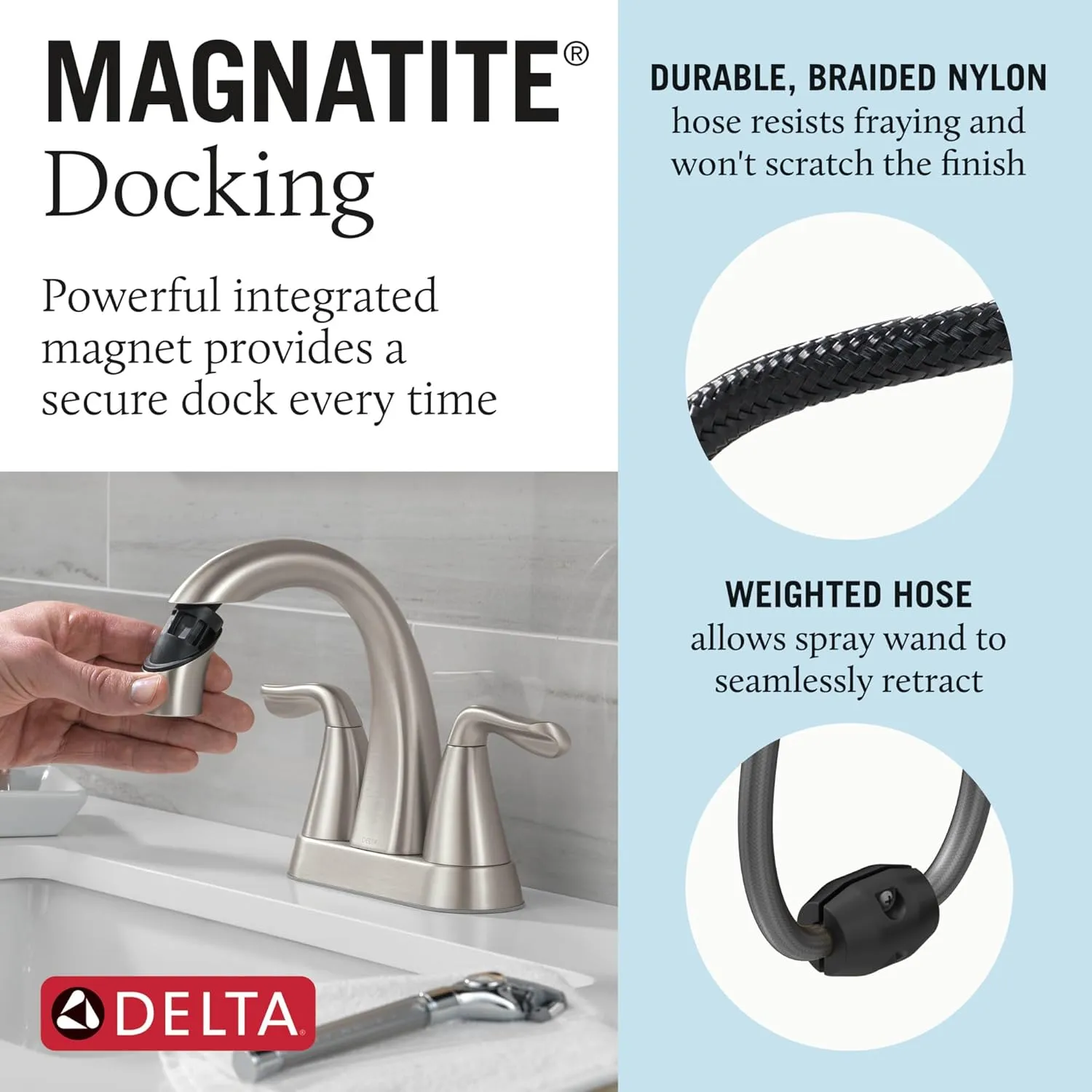 Delta Arvo Pull-Down Centerset Bathroom Faucet, Brushed Nickel High Arc 3-Hole Bathroom Sink Faucet with Sprayer, Push-Pop Drain Assembly, SpotShield Nickel 25840LF-SPPD