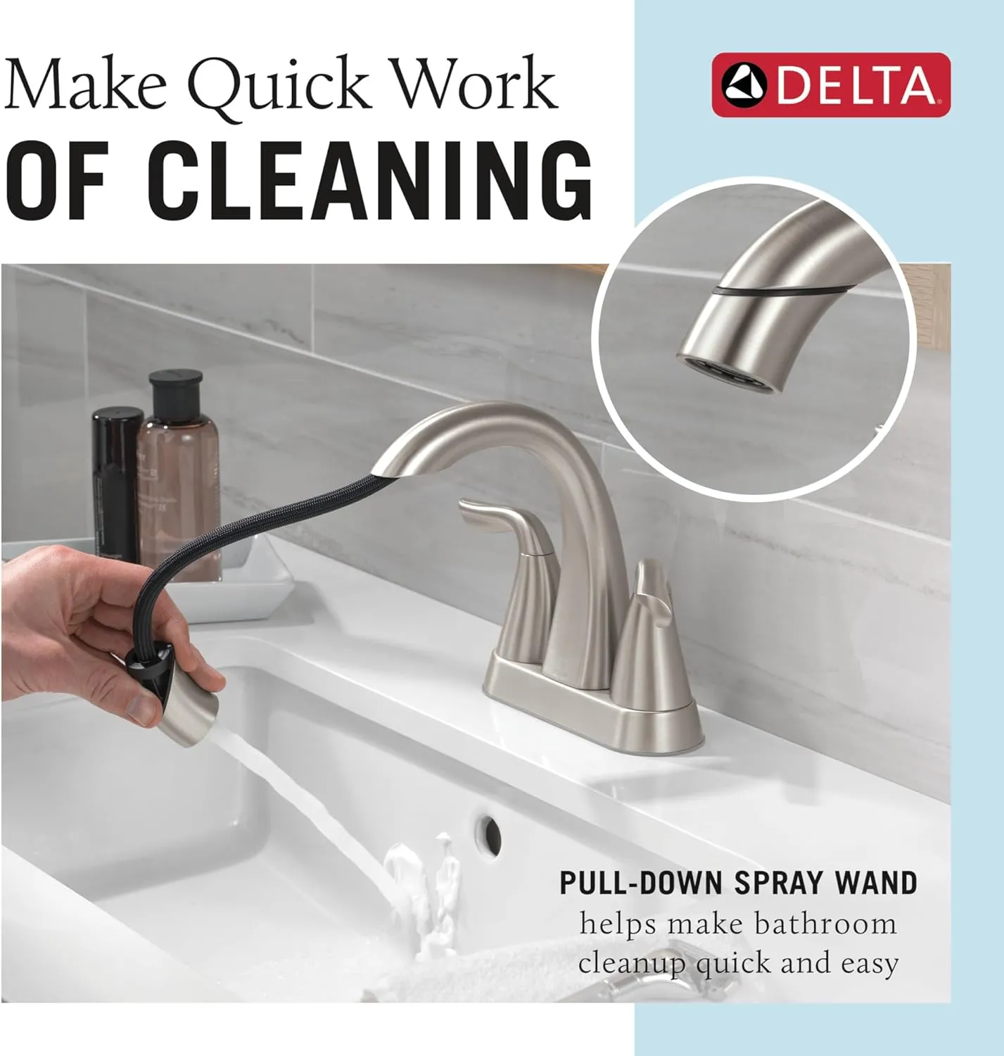 Delta Arvo Pull-Down Centerset Bathroom Faucet, Brushed Nickel High Arc 3-Hole Bathroom Sink Faucet with Sprayer, Push-Pop Drain Assembly, SpotShield Nickel 25840LF-SPPD