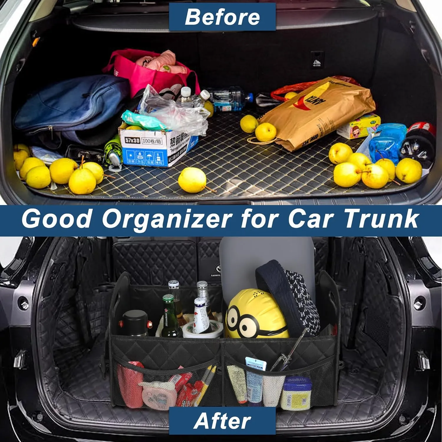 Deosk Car Trunk Organizer and Storage with 6 Big Pockets, Waterproof Polyester Trunk Organizer for SUV, Minivan, Truck (Large, Black)