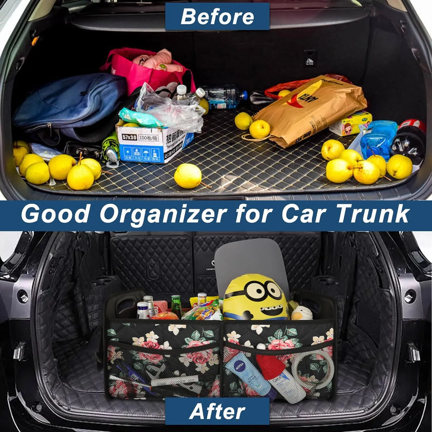 Deosk Car Trunk Organzier for SUV, Car Organziers and Storage with 6 Big Pocket, 50L Waterproof Polyester Car Accessories for Women/Men (Medium, Floral)