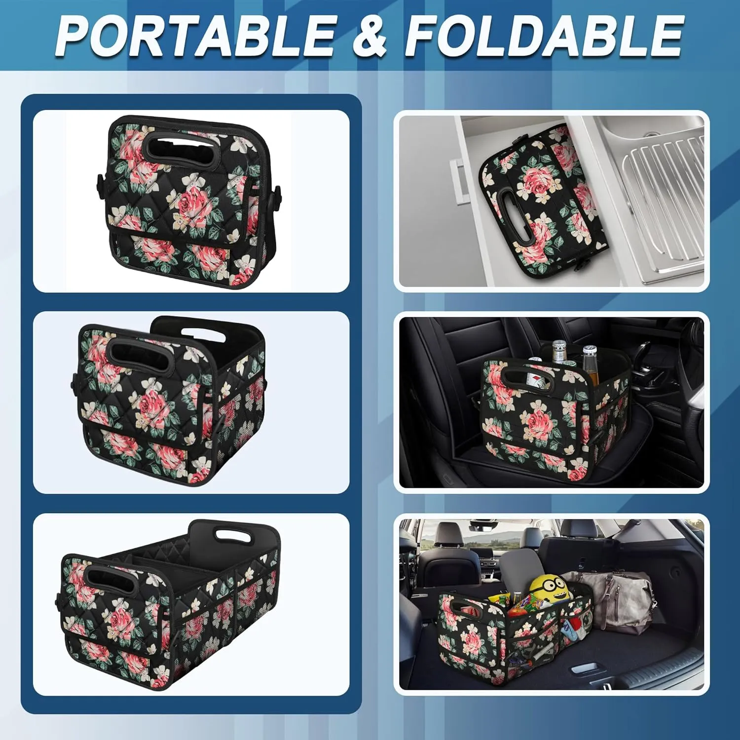 Deosk Car Trunk Organzier for SUV, Car Organziers and Storage with 6 Big Pocket, 50L Waterproof Polyester Car Accessories for Women/Men (Medium, Floral)