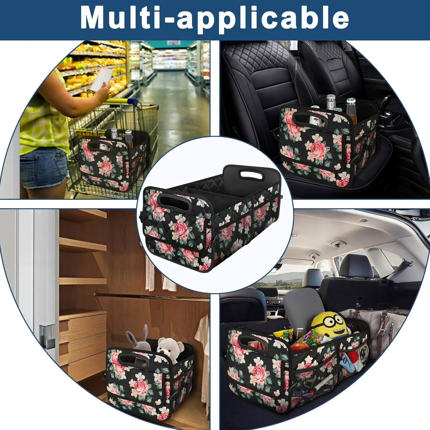 Deosk Car Trunk Organzier for SUV, Car Organziers and Storage with 6 Big Pocket, 50L Waterproof Polyester Car Accessories for Women/Men (Medium, Floral)