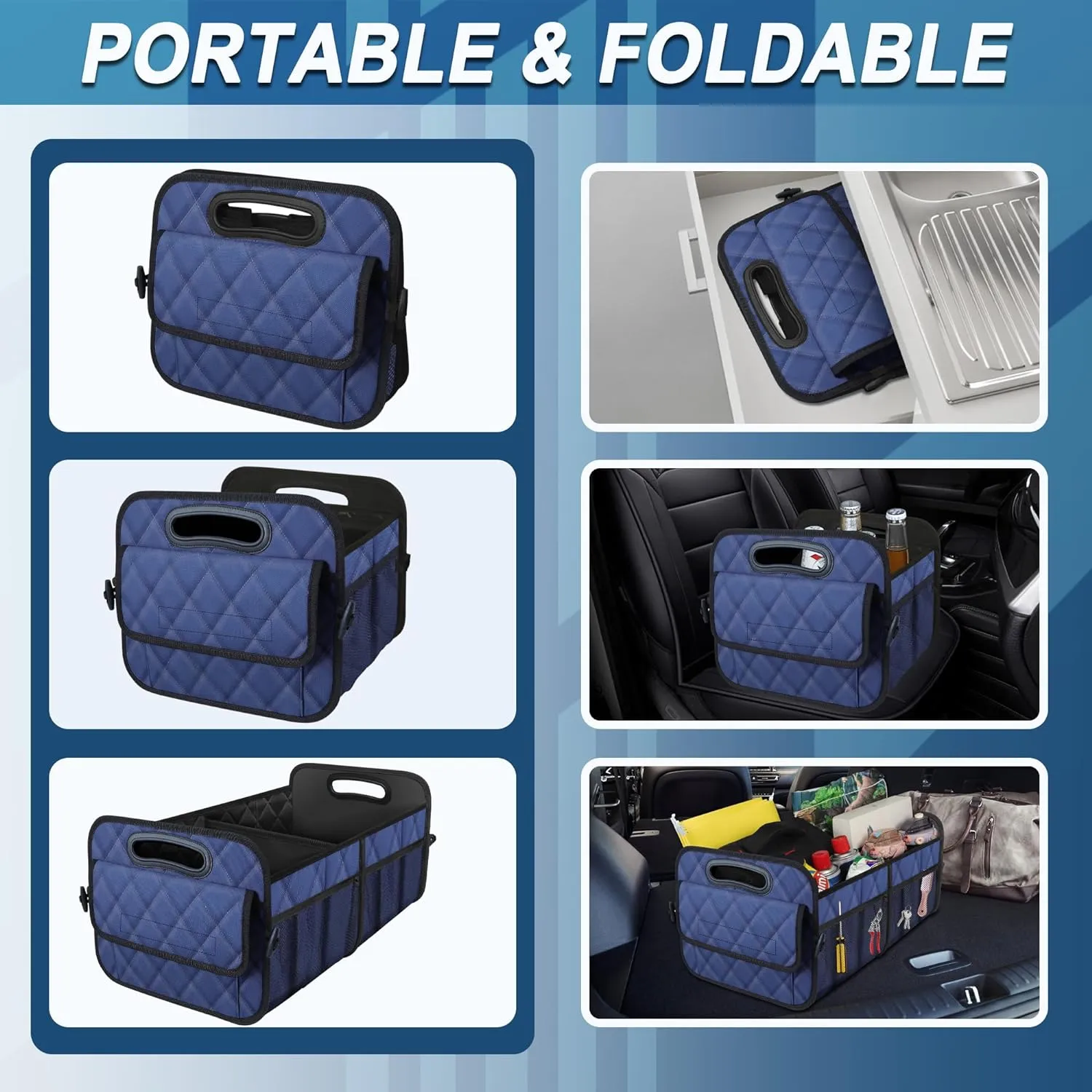 Deosk Car Trunk Organzier for suv,Car Organziers and Storage with 6 Big Pocket,Car Accessories for Women/Men 50L Waterproof Polyester Trunk Organzier for Car/SUV/Minivan/Truck(Medium, Dark Blue)
