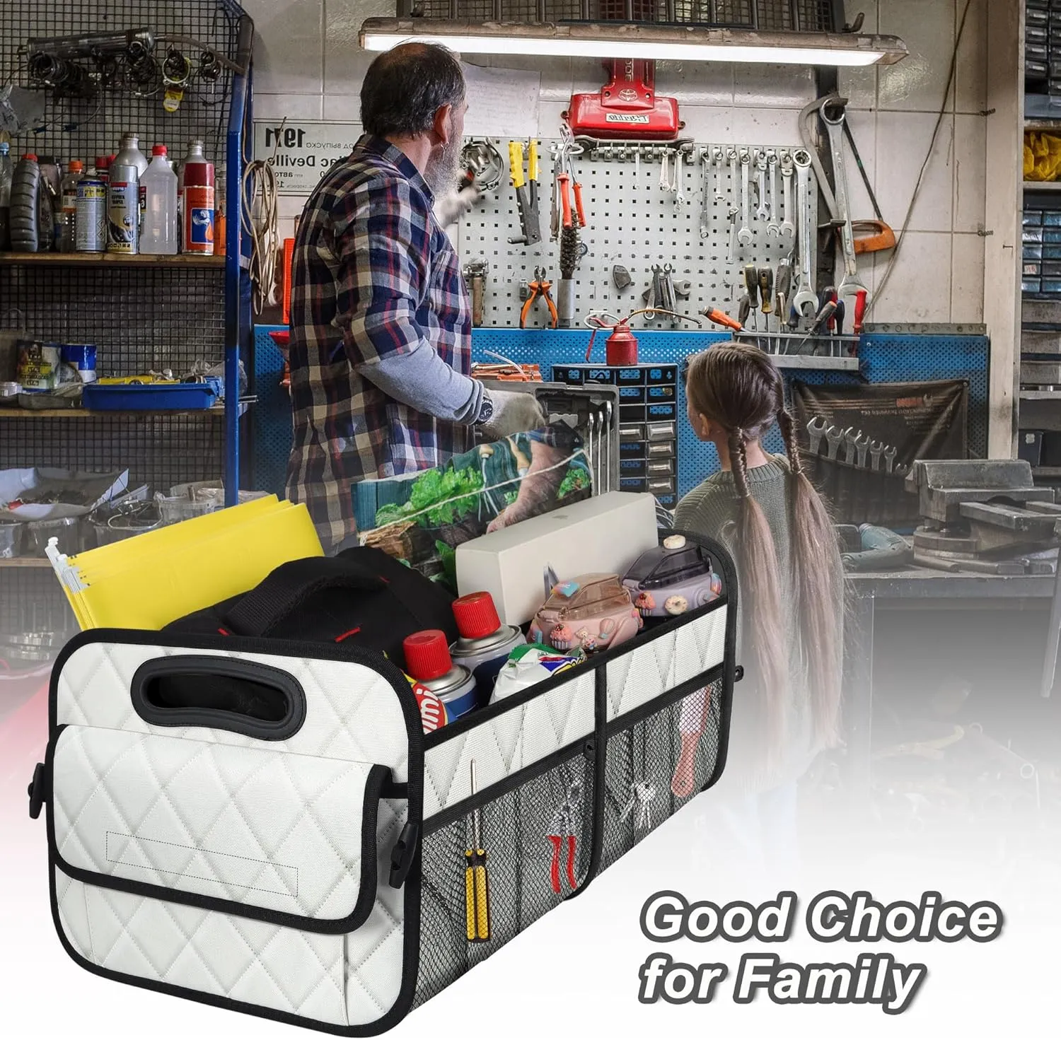 Deosk Trunk Organizer with 6 Pockets - Car Storage Accessory for SUVs, Minivans, and Trucks - 50L Waterproof Polyester (Medium, Beige)