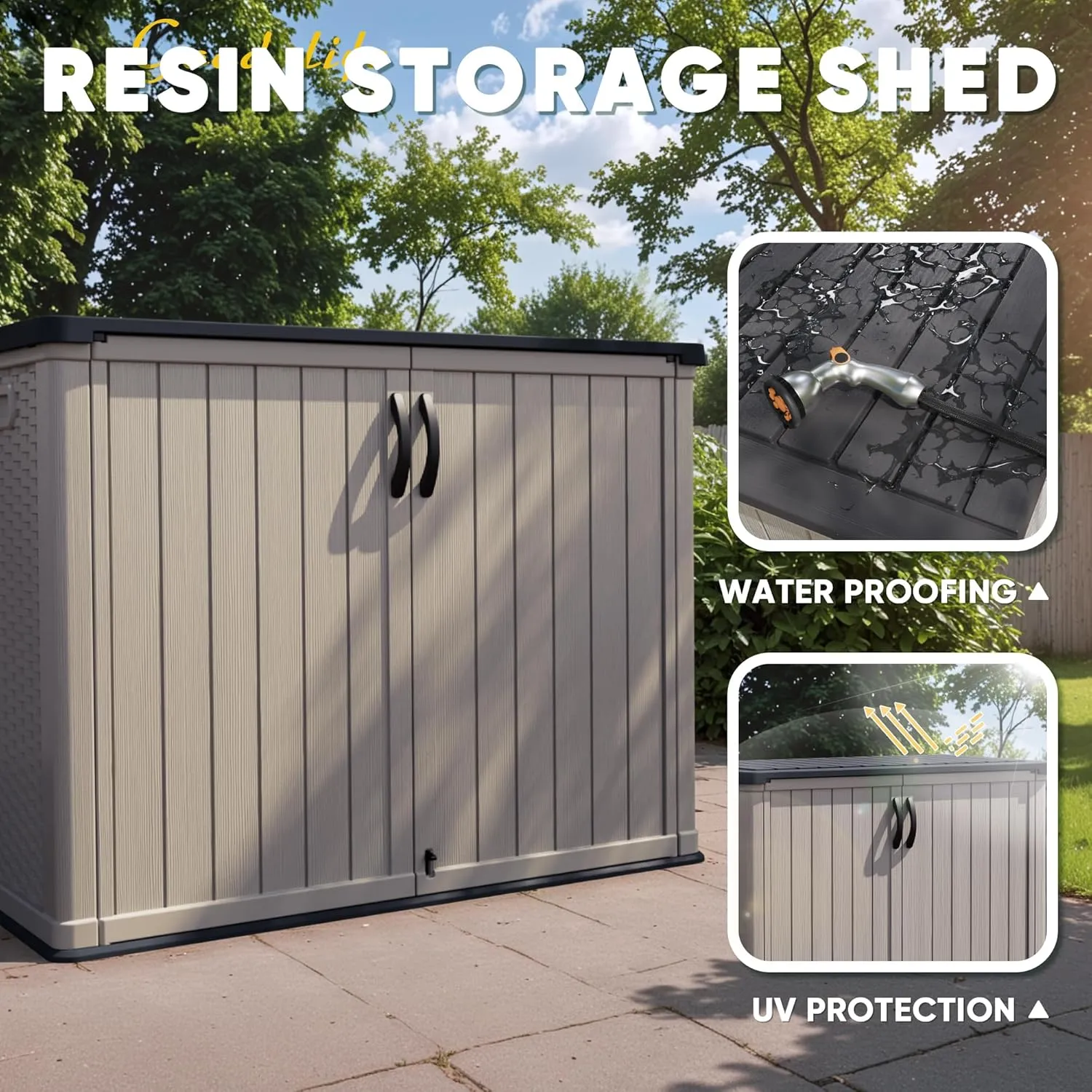 Devoko Outdoor Storage Cabinet 26 Cu Ft with Pad-Lockable Doors, Horizontal Storage Shed Waterproof Patio Tools Storage Box for Sofa Cushions, Gardening Tools and Accessories (Beige)