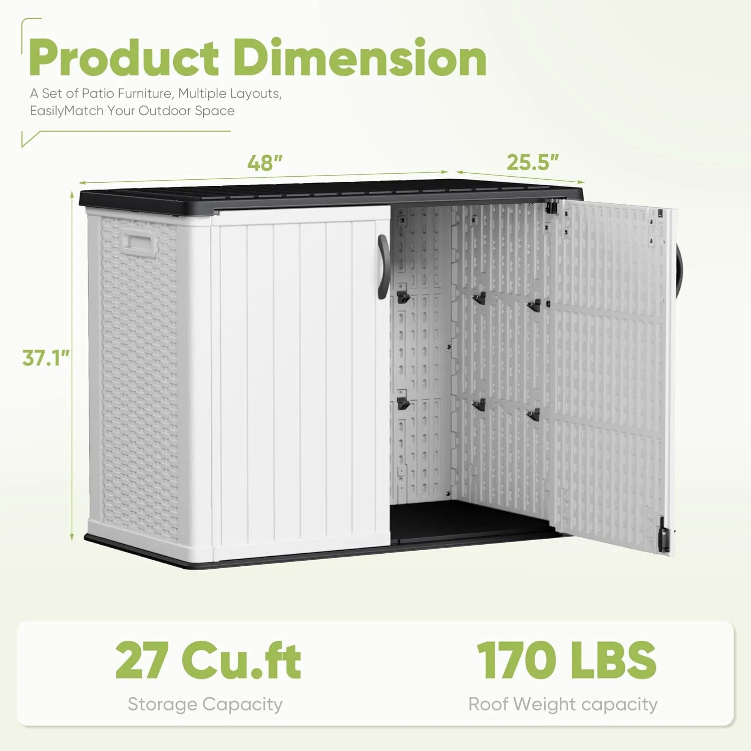 Devoko Outdoor Storage Cabinet 26 Cu Ft with Pad-Lockable Doors, Horizontal Storage Shed Waterproof Patio Tools Storage Box for Sofa Cushions, Gardening Tools and Accessories (White)