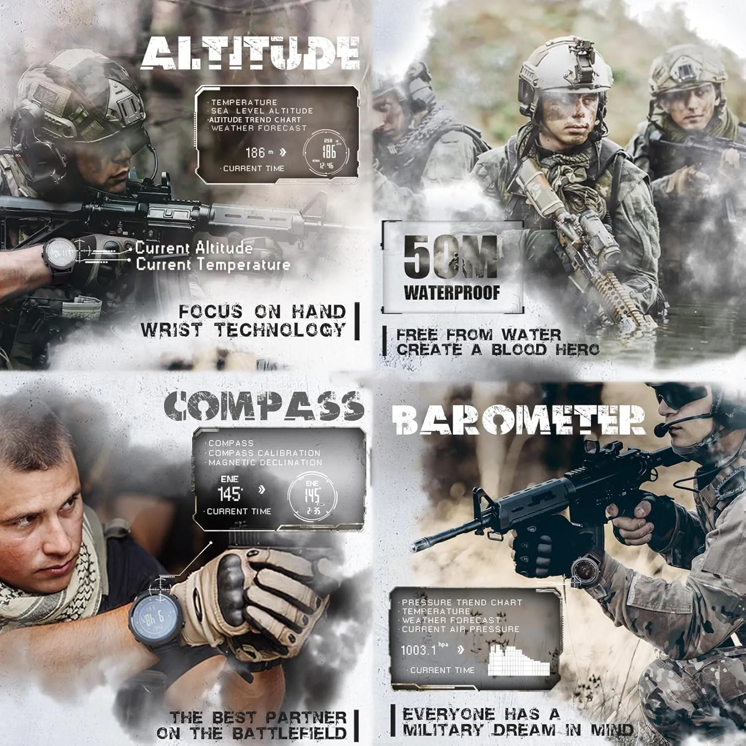 DIDITIME Tactical Watches for Men, Military Watches for Men, Waterproof 164FT, Fitness Watch, Mens Digital Watches with Compass, Metronome, Pedometer, Lightweight Breathable Nylon Watch