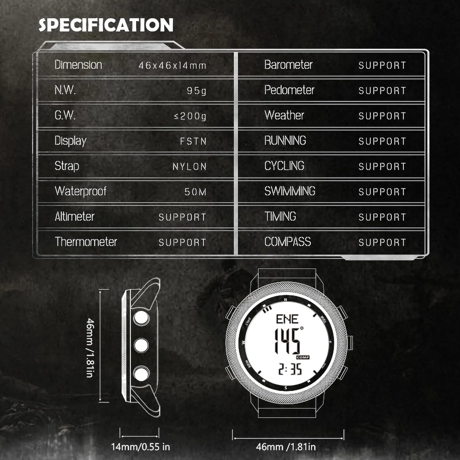 DIDITIME Tactical Watches for Men, Military Watches for Men, Waterproof 164FT, Fitness Watch, Mens Digital Watches with Compass, Metronome, Pedometer, Lightweight Breathable Nylon Watch