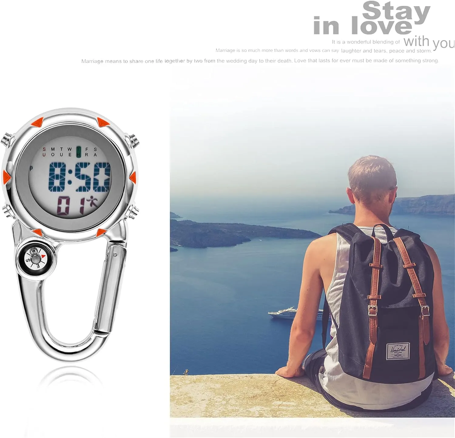 Digital Compass Clip: Black White Men's Fob Watches, Waterproof Carabiner Watch with Alarm Clock