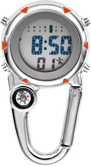 Digital Compass Clip: Black White Men's Fob Watches, Waterproof Carabiner Watch with Alarm Clock