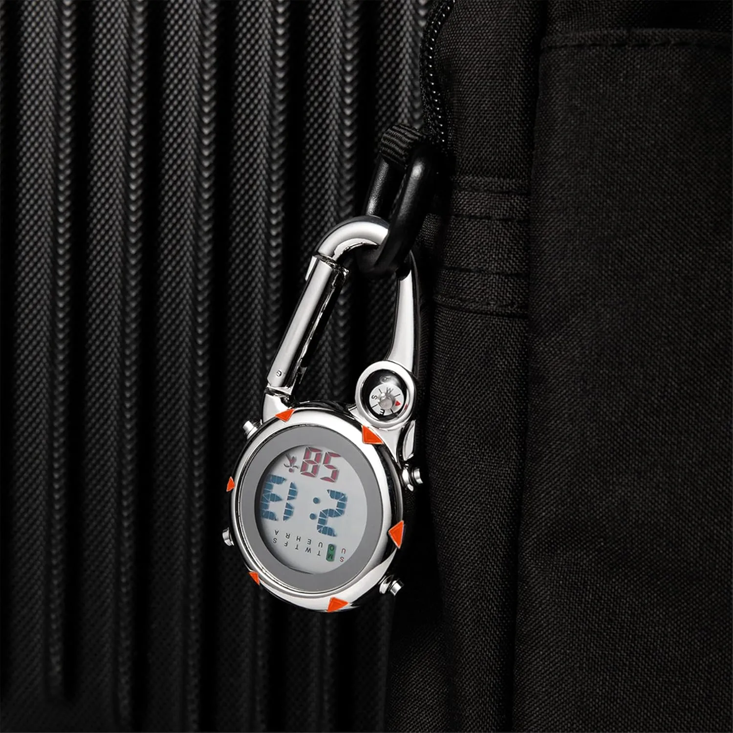 Digital Compass Clip: Black White Men's Fob Watches, Waterproof Carabiner Watch with Alarm Clock