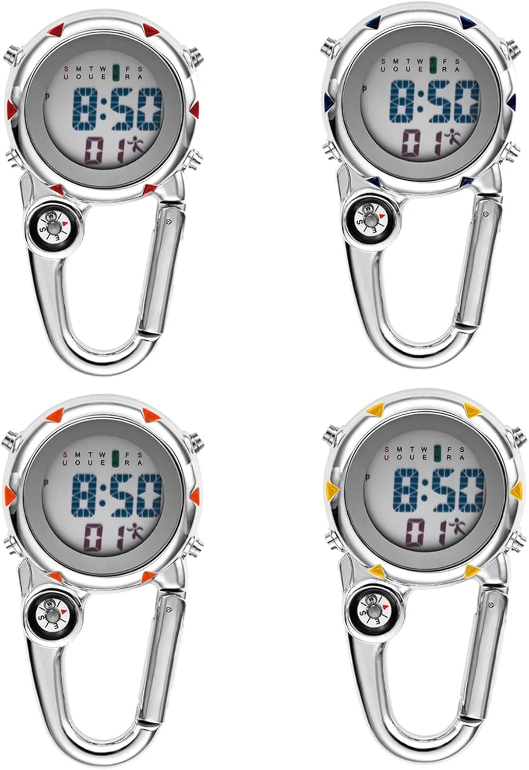 Digital Compass Clip: Black White Men's Fob Watches, Waterproof Carabiner Watch with Alarm Clock