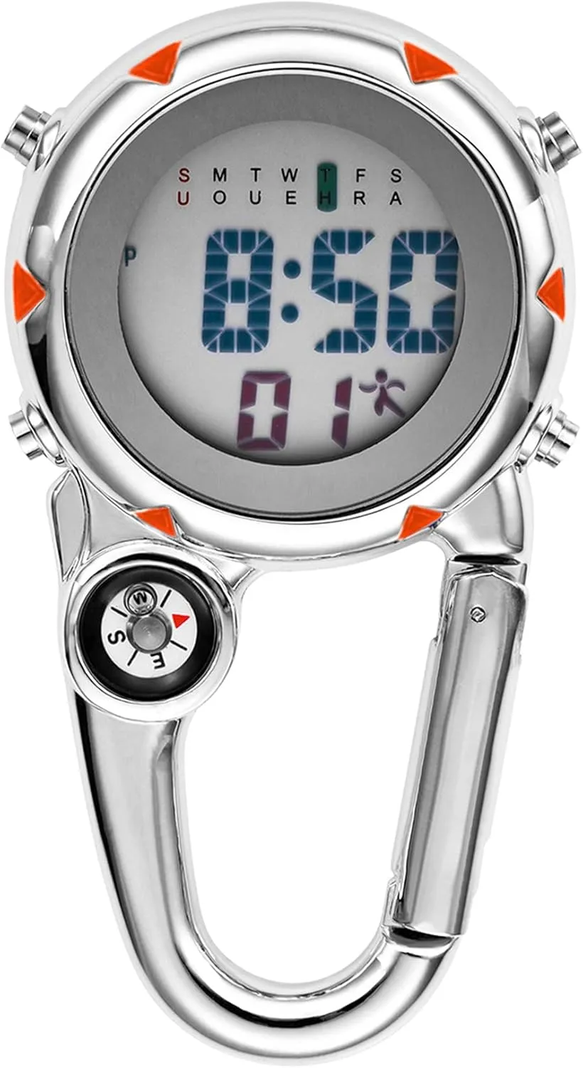 Digital Compass Clip: Black White Men's Fob Watches, Waterproof Carabiner Watch with Alarm Clock