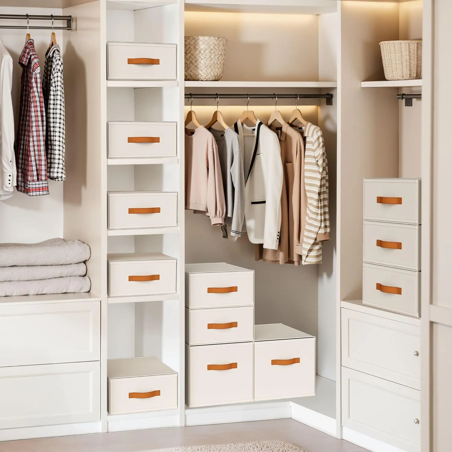 DIMJ Closet Organizers and Storage - Fabric Storage Bins with Drawers Stackable Closet Bins with Labels for Clothes, Sweaters, Bedding, Collapsible Storage Cubes for Bedroom, Living Room, Shelf