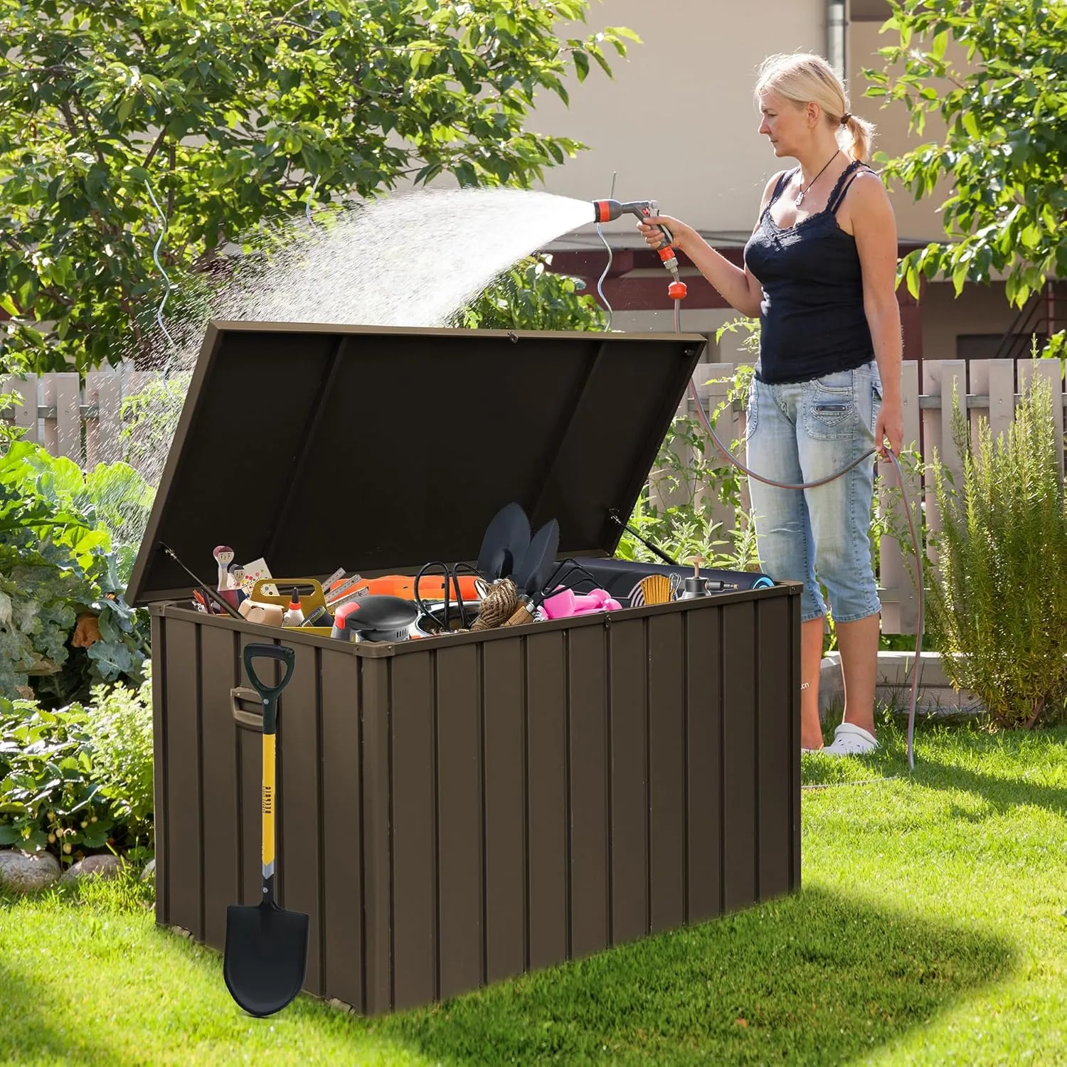 Domi 200 Gallon Deck Box Outdoor Storage Box, Lockable Storage Cabinet Deck Box Outdoor Waterproof, Large Metal Storage Bin for Patio Furniture Cushions Garden Tools Pool-Supplies, Brown