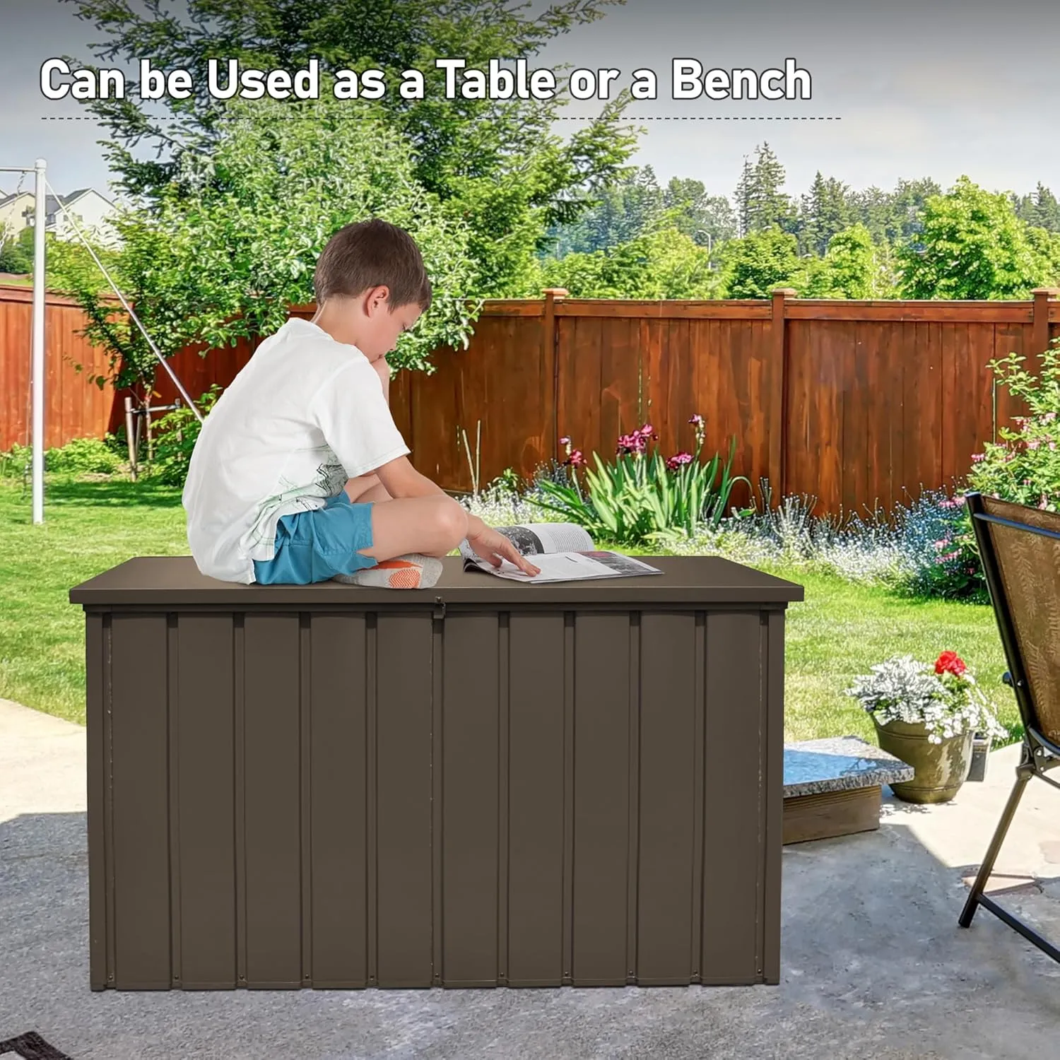 Domi 200 Gallon Deck Box Outdoor Storage Box, Lockable Storage Cabinet Deck Box Outdoor Waterproof, Large Metal Storage Bin for Patio Furniture Cushions Garden Tools Pool-Supplies, Brown