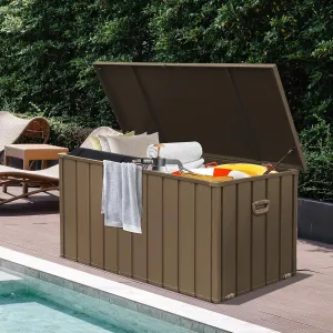 Domi 200 Gallon Deck Box Outdoor Storage Box, Lockable Storage Cabinet Deck Box Outdoor Waterproof, Large Metal Storage Bin for Patio Furniture Cushions Garden Tools Pool-Supplies, Brown
