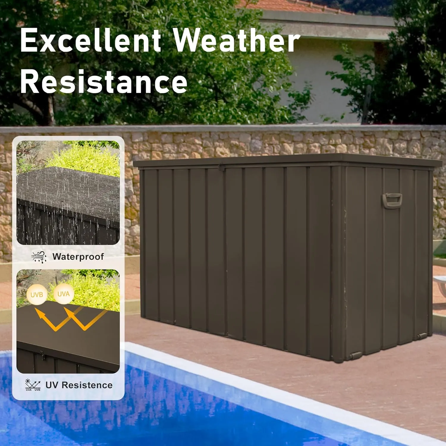 Domi 200 Gallon Deck Box Outdoor Storage Box, Lockable Storage Cabinet Deck Box Outdoor Waterproof, Large Metal Storage Bin for Patio Furniture Cushions Garden Tools Pool-Supplies, Brown