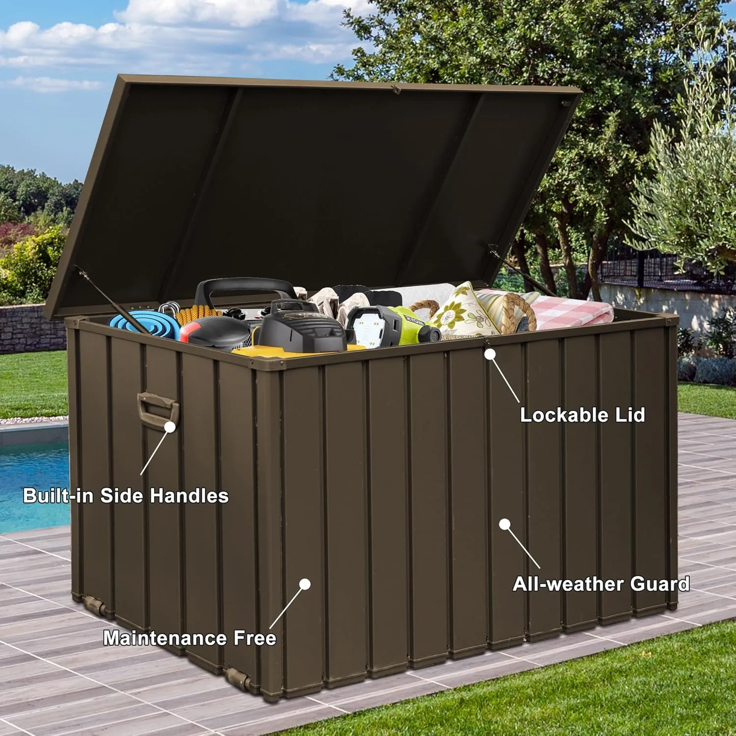 Domi 200 Gallon Deck Box Outdoor Storage Box, Lockable Storage Cabinet Deck Box Outdoor Waterproof, Large Metal Storage Bin for Patio Furniture Cushions Garden Tools Pool-Supplies, Brown