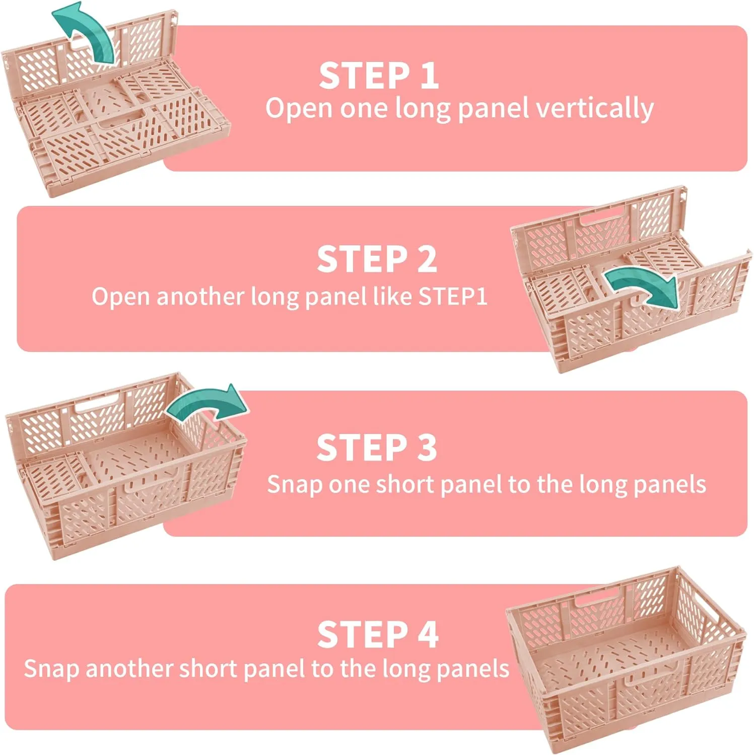 Domiella 2-Pack Crates for Storage, Storage Crates Plastic Stackable, Foldable Crate for Office Home Kitchen Bedroom Bathroom (Large, Pink)