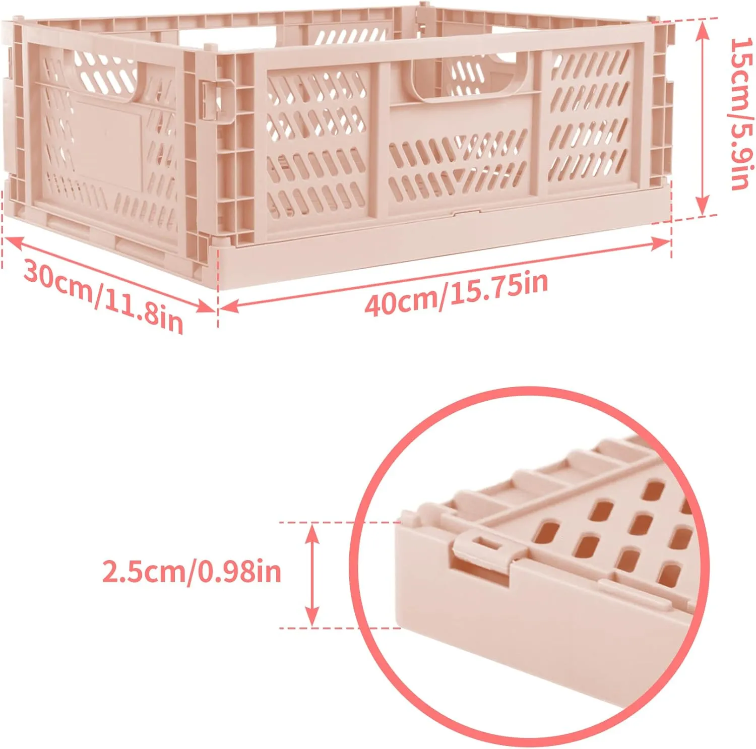 Domiella 2-Pack Crates for Storage, Storage Crates Plastic Stackable, Foldable Crate for Office Home Kitchen Bedroom Bathroom (Large, Pink)