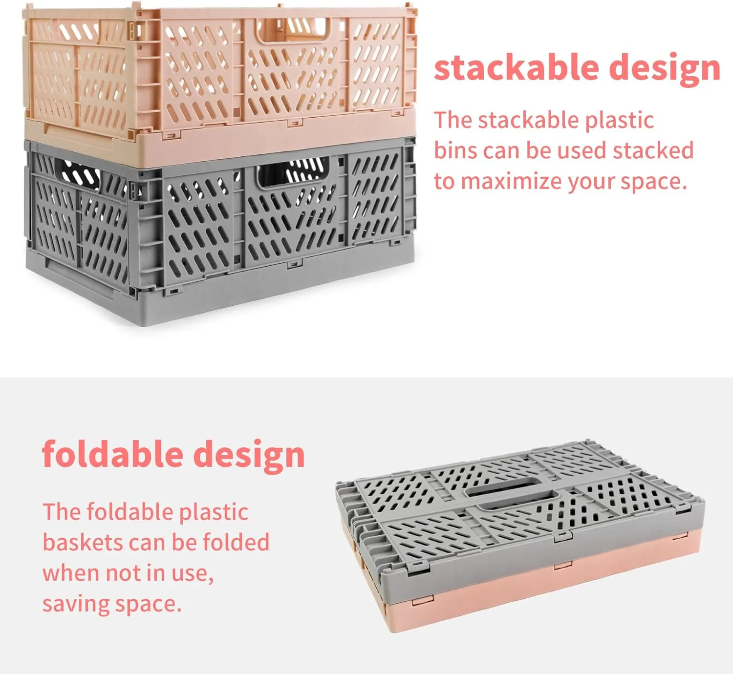 Domiella 2-Pack Crates for Storage, Storage Crates Plastic Stackable, Foldable Crate for Office Home Kitchen Bedroom Bathroom (Large, Pink)