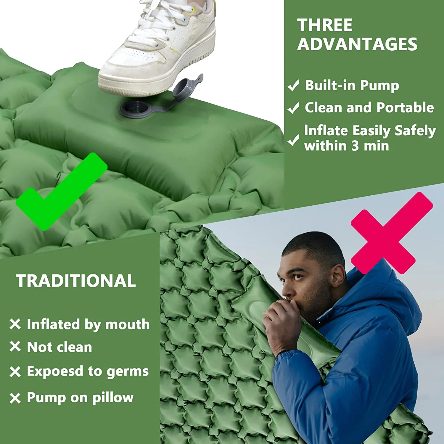Double Camping Sleeping Pad,Inflatable 2 Person Sleeping Mattress with 2 Pillows,Ultralight Waterproof Compact Air Mat,Built-in Foot Pump,for Backpacking,Hiking,Tent Traveling,Camping