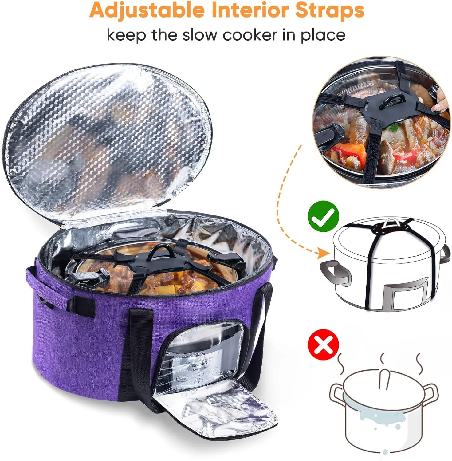 Double-Layer Slow Cooker Carrying Bag for 6-8 Quart CrockPot and Hamlton Beach, Travel Bag With Lid Fastener, Portable Carrier Case With See-Through Window