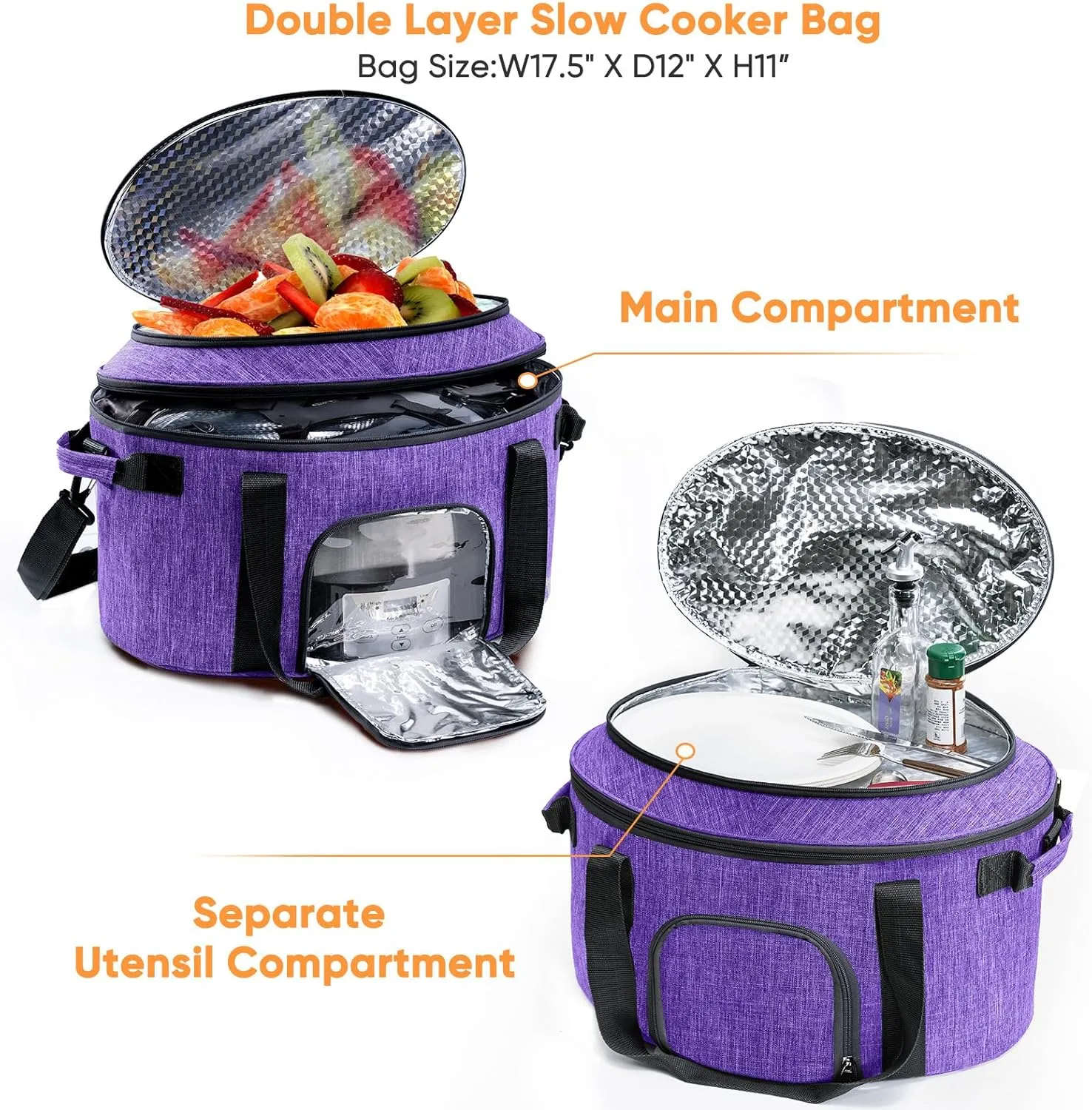 Double-Layer Slow Cooker Carrying Bag for 6-8 Quart CrockPot and Hamlton Beach, Travel Bag With Lid Fastener, Portable Carrier Case With See-Through Window