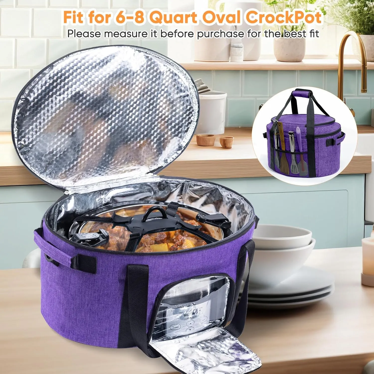 Double-Layer Slow Cooker Carrying Bag for 6-8 Quart CrockPot and Hamlton Beach, Travel Bag With Lid Fastener, Portable Carrier Case With See-Through Window