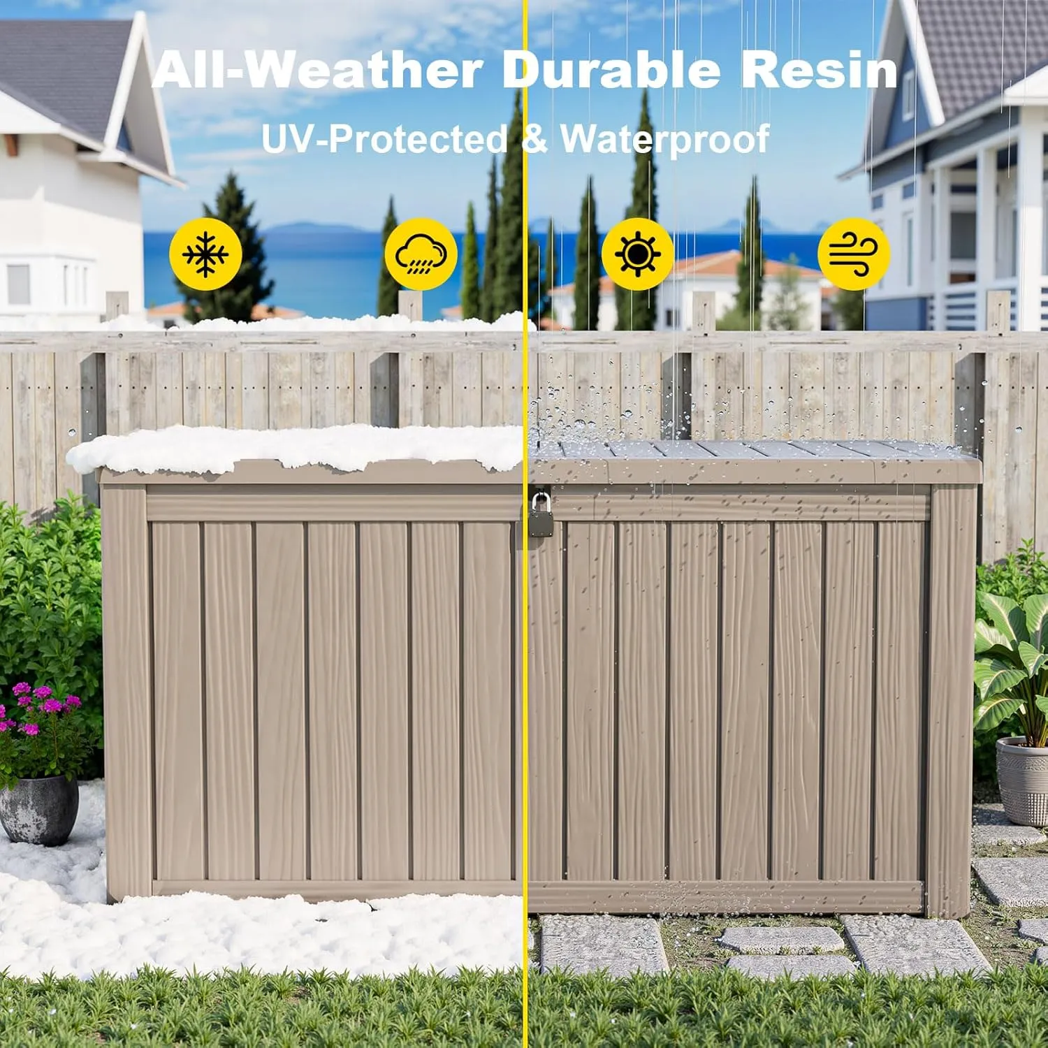 DRATO 150 Gallon Outdoor Storage Box, Large Waterproof Deck Box, Lockable Resin Storage Container with Reinforced Support for Patio Cushions, Garden Tools, UV-Resistant Outdoor Chest（Black）