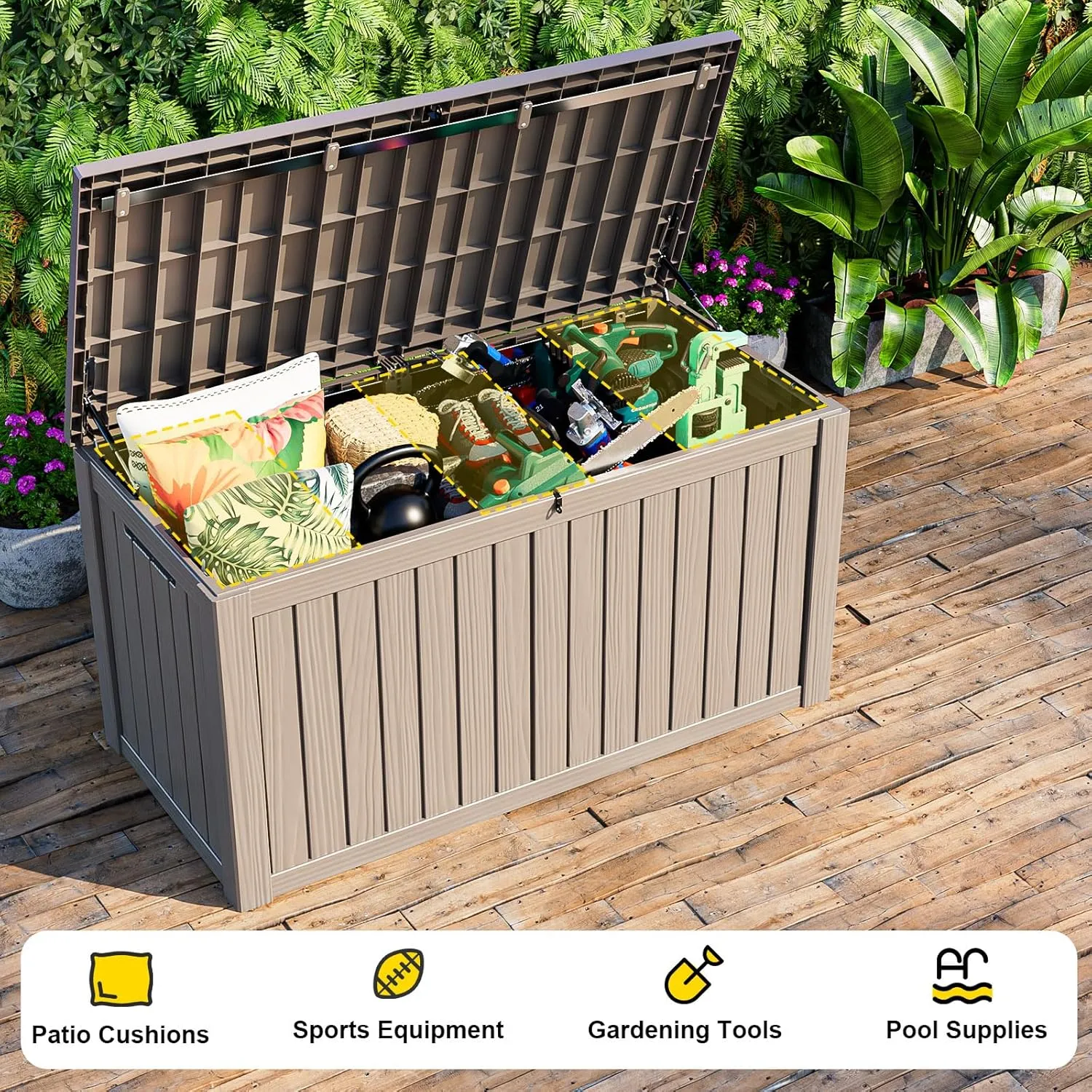 DRATO 150 Gallon Outdoor Storage Box, Large Waterproof Deck Box, Lockable Resin Storage Container with Reinforced Support for Patio Cushions, Garden Tools, UV-Resistant Outdoor Chest（Black）