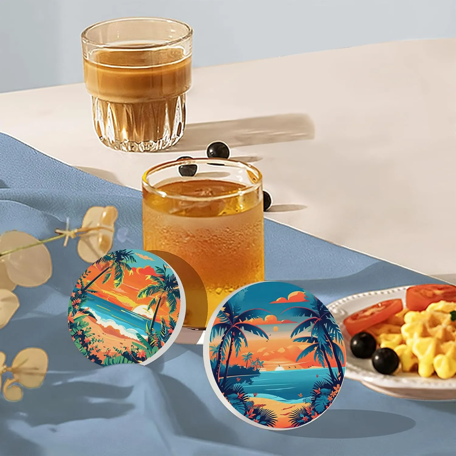 Drink Coasters Set of 6 with Holder, Palm Trees Beach Sunset Absorbent Ceramic Drink Coaster for Tabletop Protection,Suitable for Kinds of Cups,Drinks Coasters for Home Office Decoration(4 Inches)