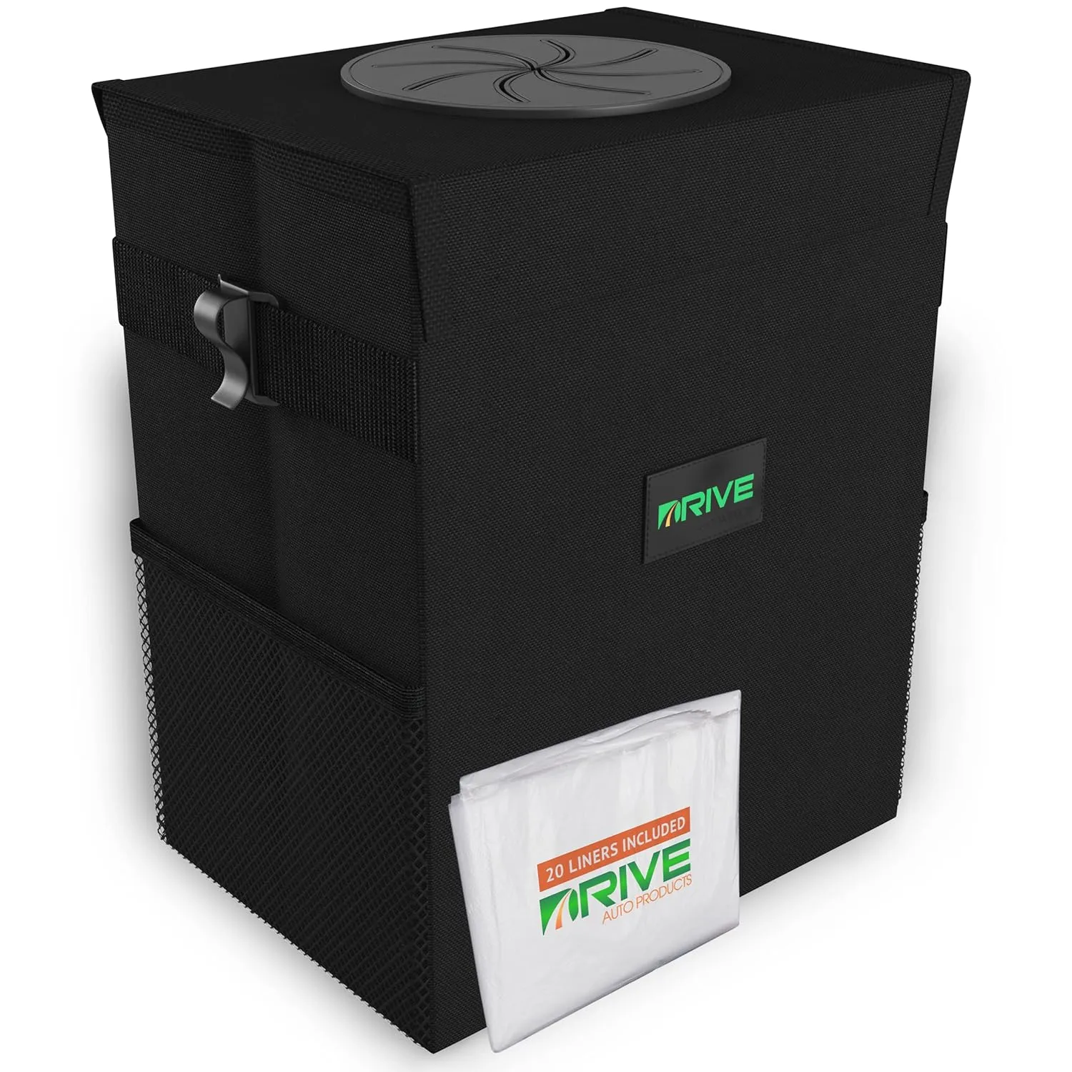 Drive Auto Car Trash Can - Collapsible, Leakproof Garbage Bin with 20 Trash Bags and Adjustable Strap - Car & Truck Accessories for Men and Women - Black, Large