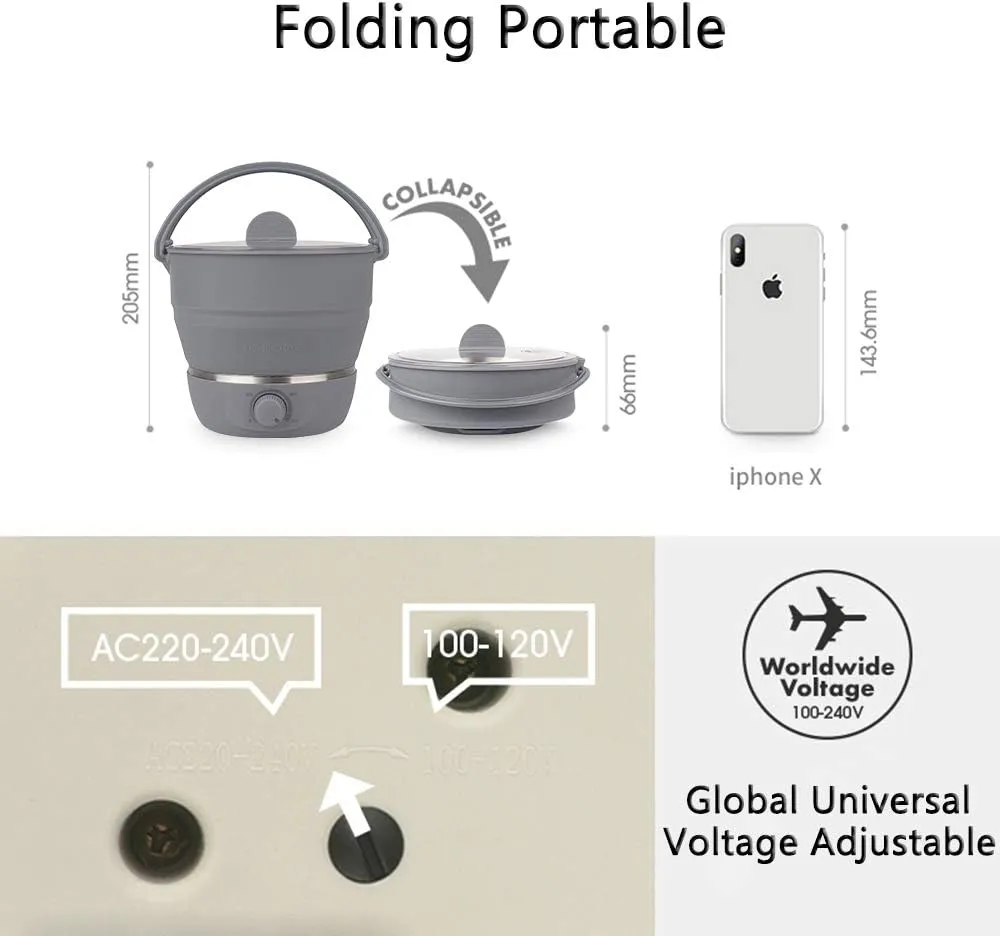 Drizzle Foldable Electric Cooker Travel Hot Pot - Dual Voltage 100V-240V Hot Pot Cooking - Food Grade Silicone Cookerware Boiling Water Steamer - Camping Office Hotel Noodle Porridge Soup Drom