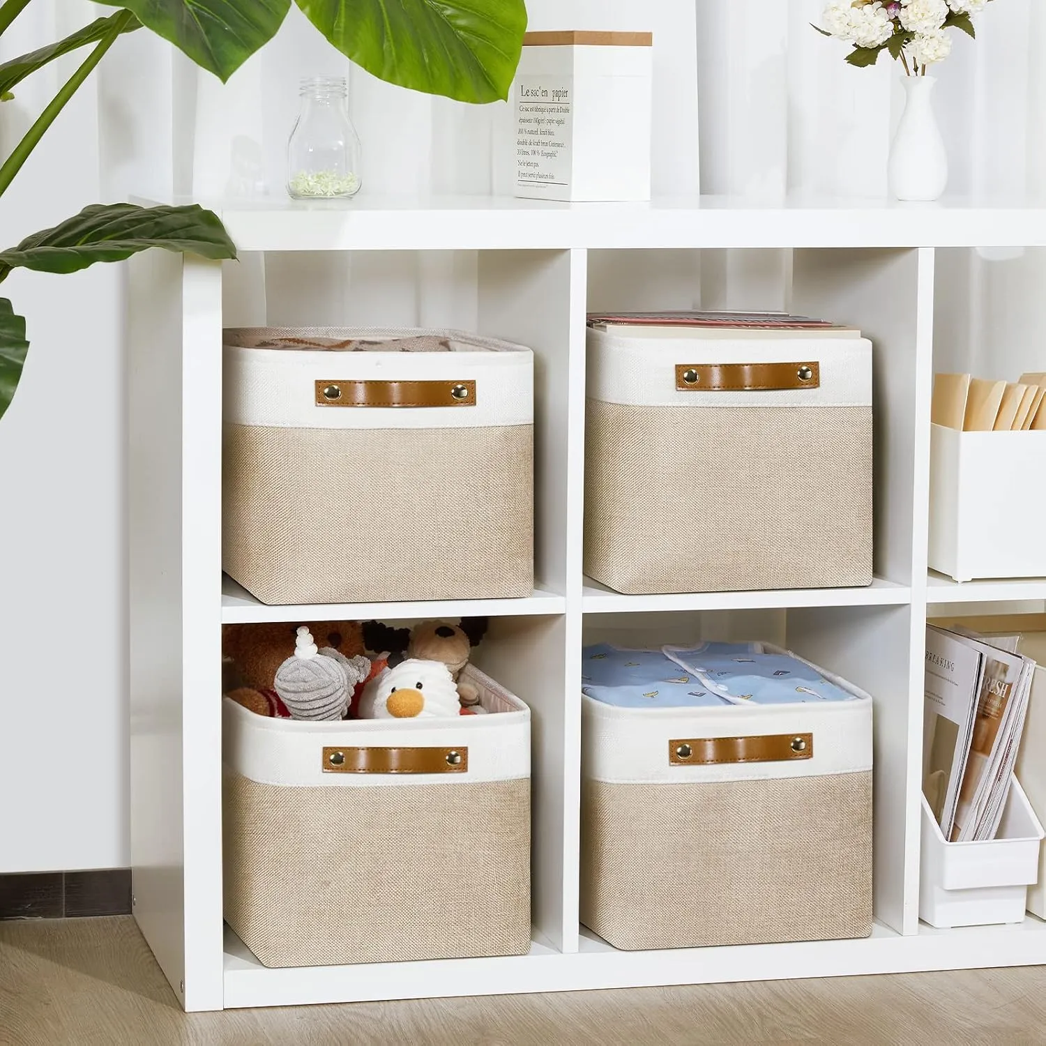 DULLEMELO Fabric Storage Bins for Laundry, Home, Foldable Storage Baskets for Shelves, Toys, Collapsible Storage Bins for Office, Closet,Bedroom(White&Khaki,15"x11"x9.5",4-Pack)