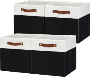 DULLEMELO Fabric Storage Bins for Shelves, Cube Storage Organizer Bins with PU Handles, Set of 4 Decorative Collapsible Storage Bins for Cube Storage,White&Black