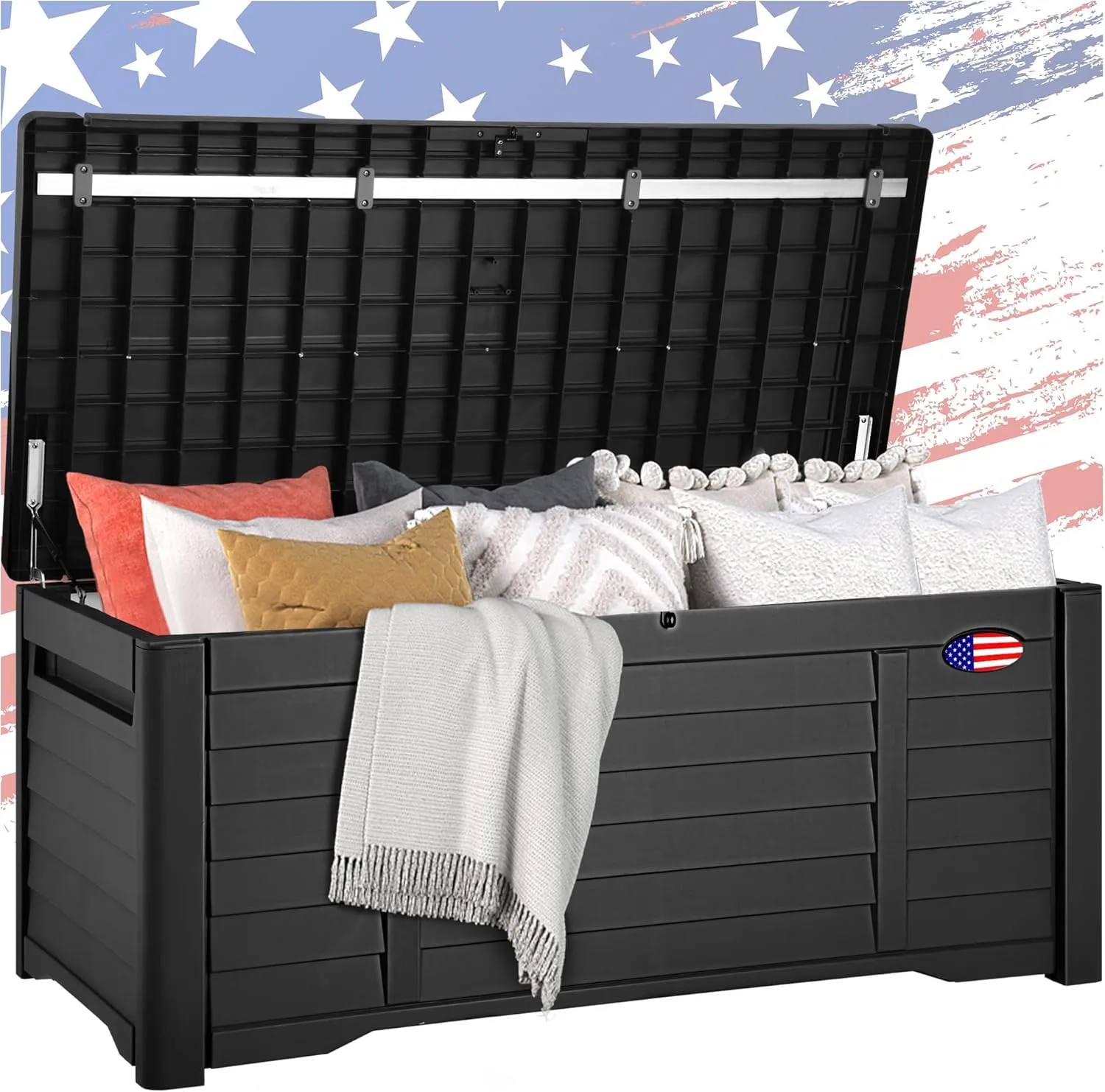 DWVO 120 Gallon Large Deck Box, Waterproof Lockable Outdoor Storage Box with Stickers, Resin Louvered Patio Storage Bin for Pillows, Garden Tools & Pool Supplies (Black)