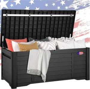 DWVO 120 Gallon Large Deck Box, Waterproof Lockable Outdoor Storage Box with Stickers, Resin Louvered Patio Storage Bin for Pillows, Garden Tools & Pool Supplies (Black)