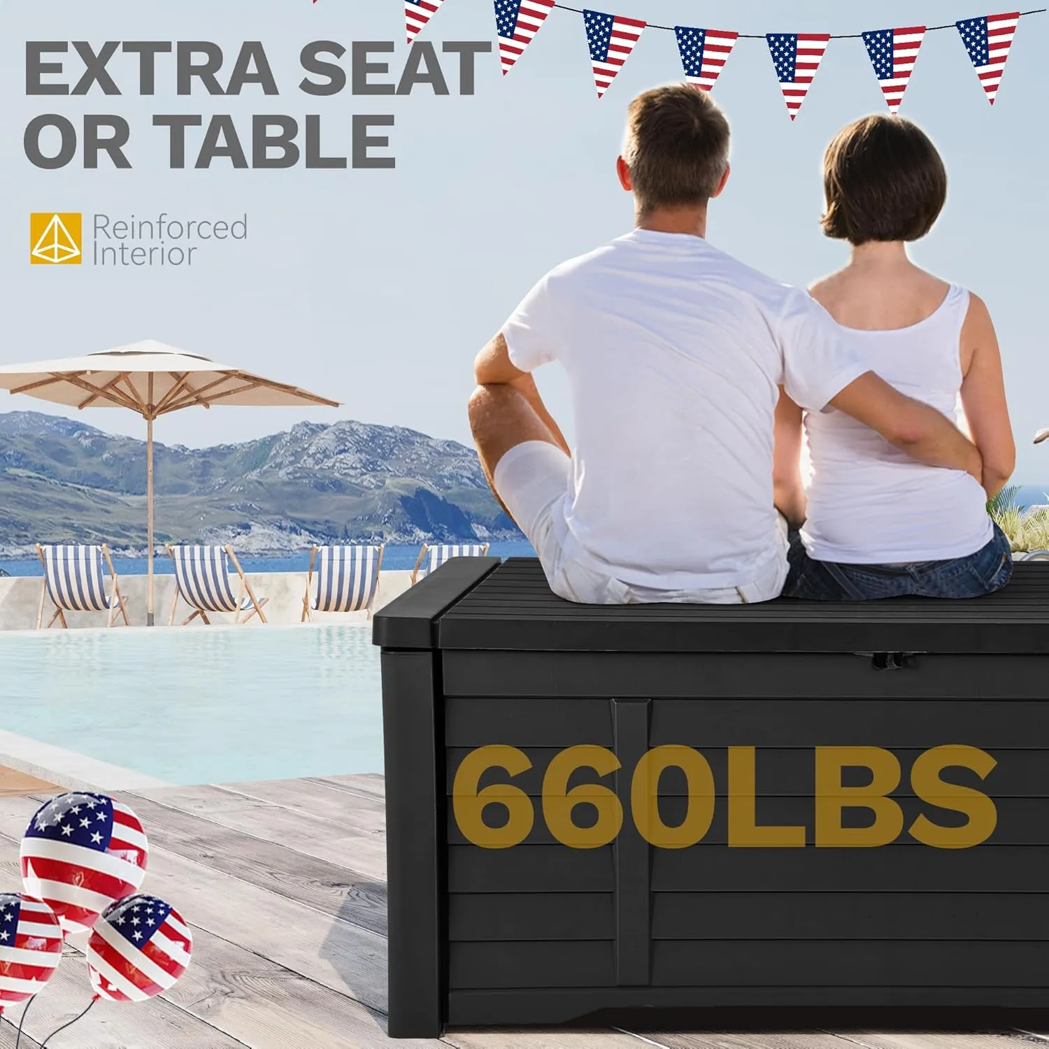 DWVO 120 Gallon Large Deck Box, Waterproof Lockable Outdoor Storage Box with Stickers, Resin Louvered Patio Storage Bin for Pillows, Garden Tools & Pool Supplies (Black)
