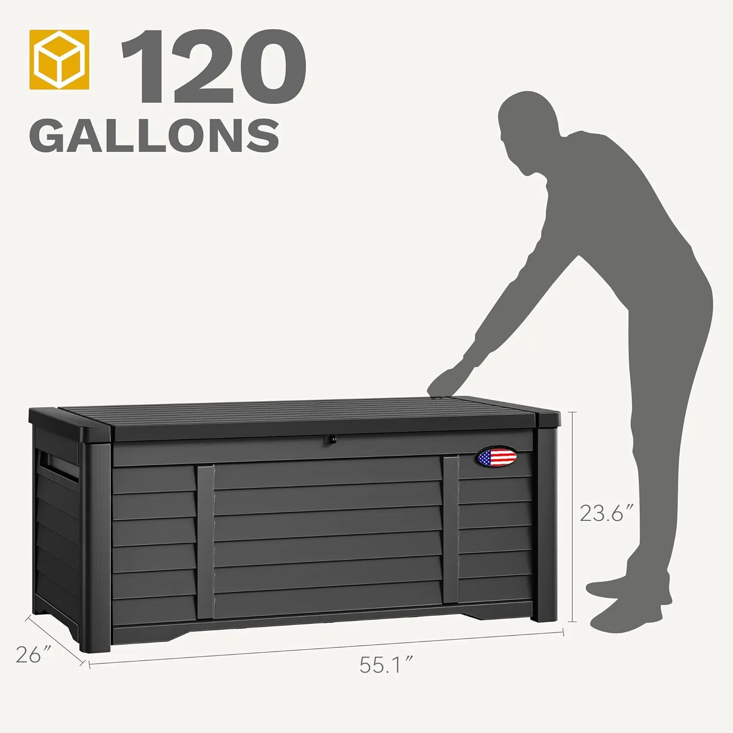 DWVO 120 Gallon Large Deck Box, Waterproof Lockable Outdoor Storage Box with Stickers, Resin Louvered Patio Storage Bin for Pillows, Garden Tools & Pool Supplies (Black)