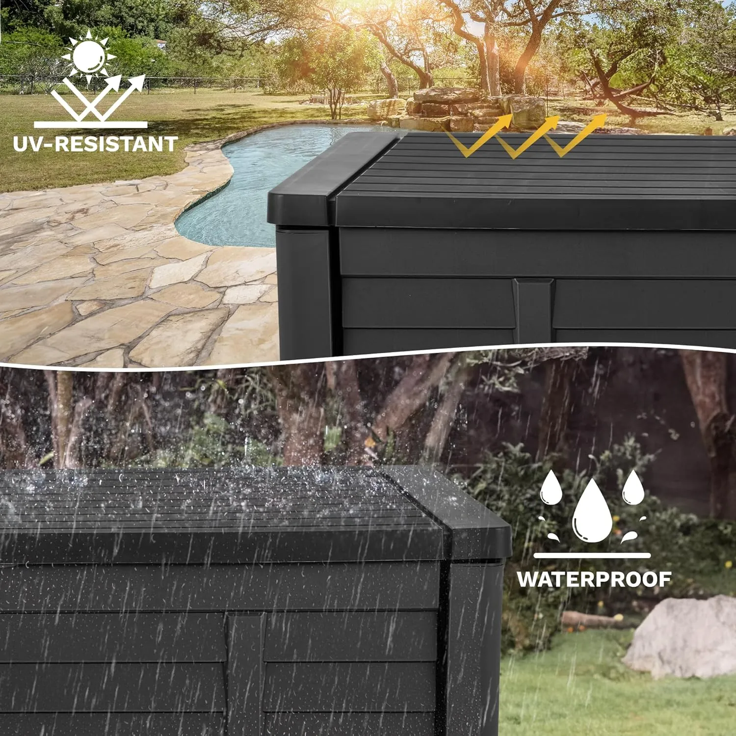 DWVO 120 Gallon Large Deck Box, Waterproof Lockable Outdoor Storage Box with Stickers, Resin Louvered Patio Storage Bin for Pillows, Garden Tools & Pool Supplies (Black)