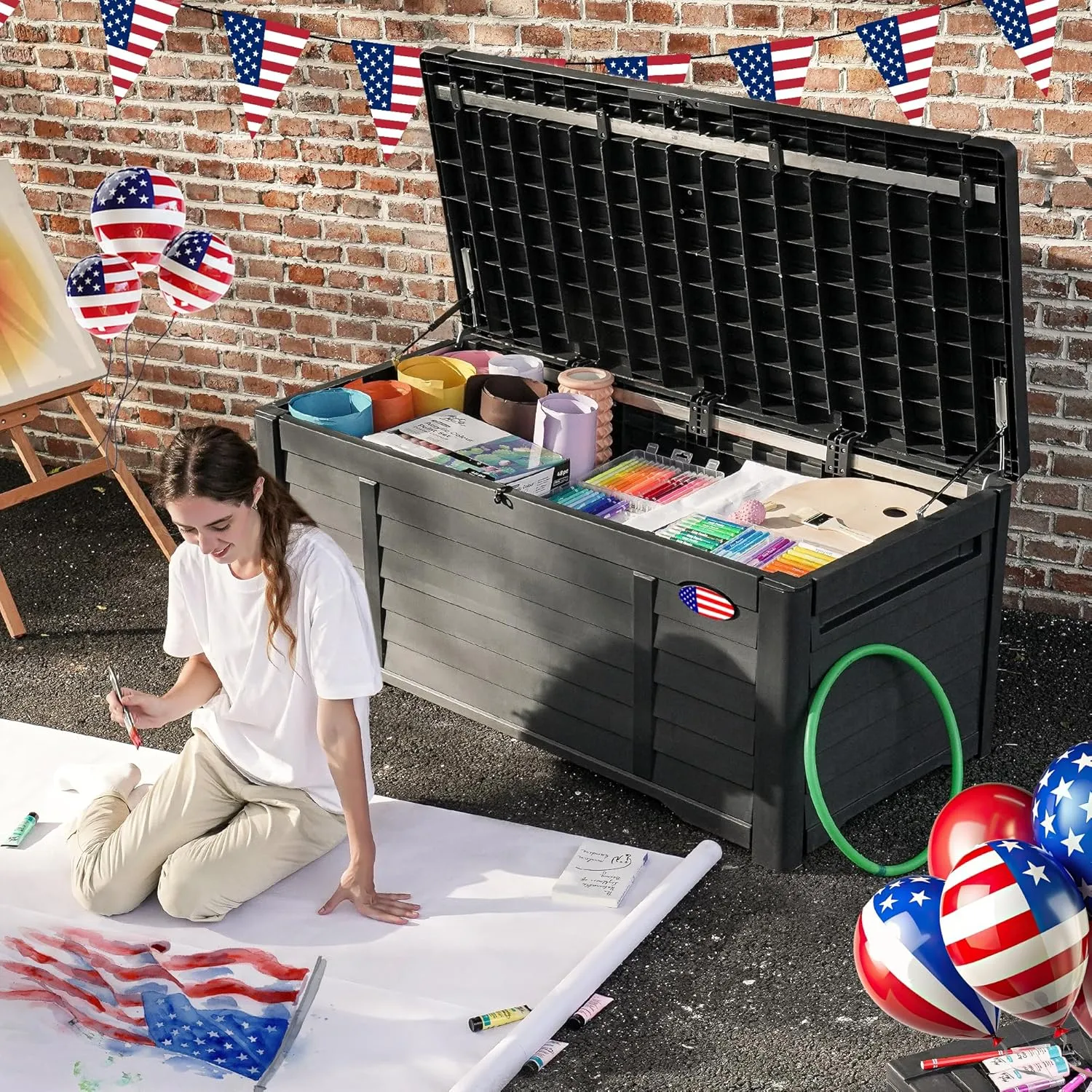DWVO 120 Gallon Large Deck Box, Waterproof Lockable Outdoor Storage Box with Stickers, Resin Louvered Patio Storage Bin for Pillows, Garden Tools & Pool Supplies (Black)