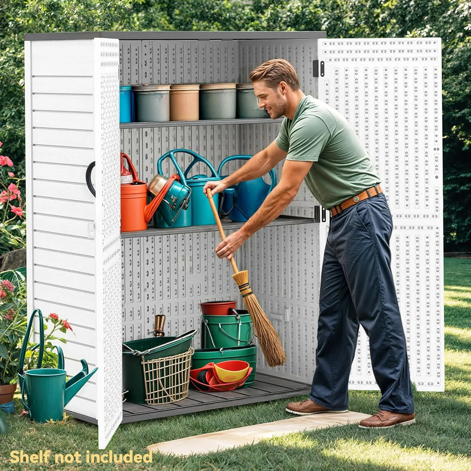 DWVO 59 Cu. Ft. Vertical Storage Shed, Weatherproof Outdoor Tall Cabinet with Double-Wall Panels and Floor, Lockable Resin Shed for Garden, Garage, Patio, Light Gray (Shelves Not Included)